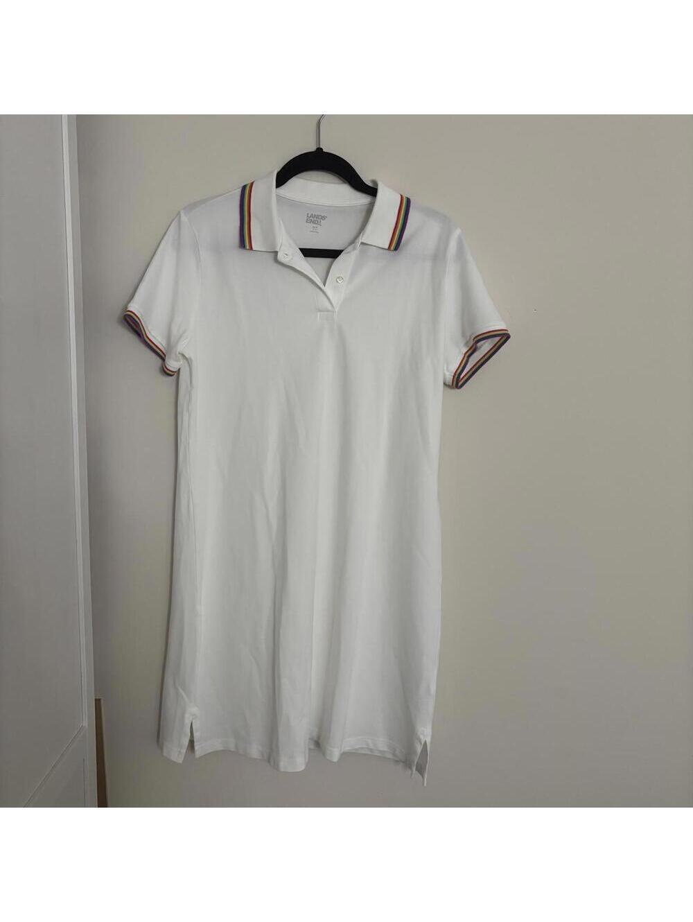 Lands End White T-shirt Golf Dress Rainbow Trim Semi Sheer Casual Sporty
